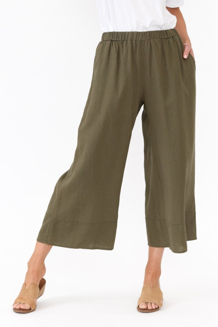 Clothing Cali and Co Pants | Colleen Khaki Linen Wide Leg Pant