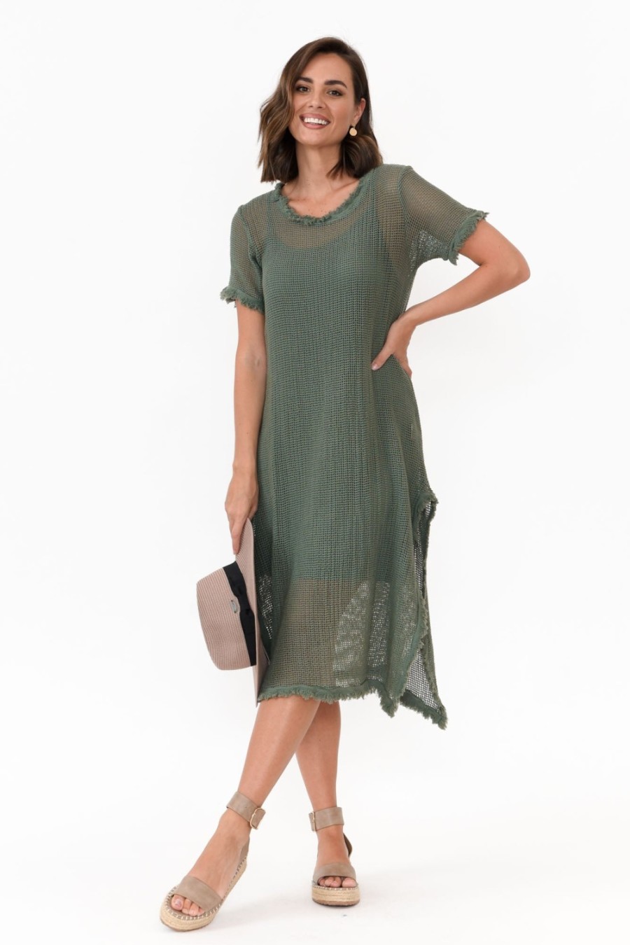 Clothing Donna Donna Cotton Dresses | Nessy Khaki Cotton Woven Frayed Dress