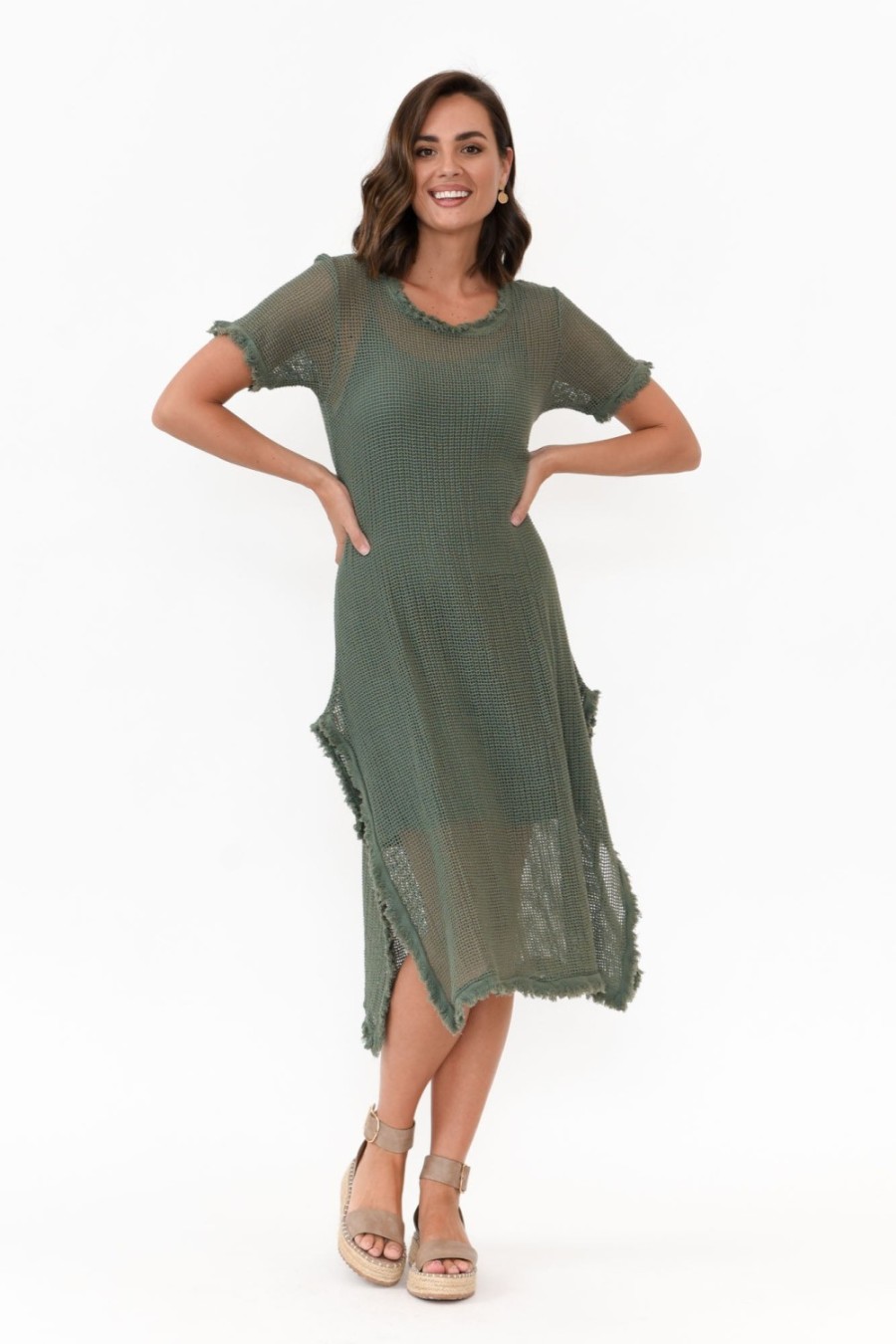 Clothing Donna Donna Cotton Dresses | Nessy Khaki Cotton Woven Frayed Dress