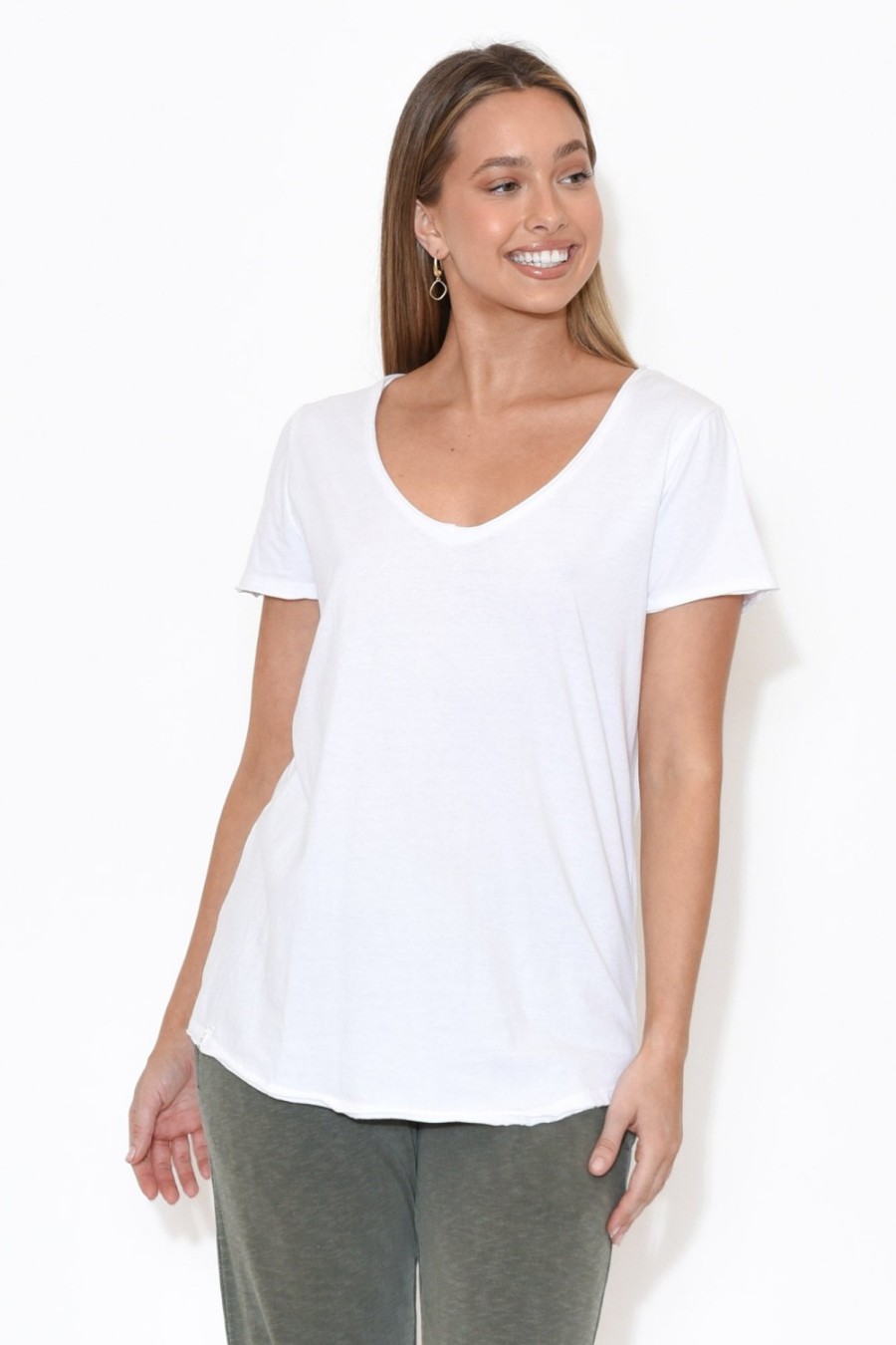 Clothing Elm Cotton Tops | White Cotton Fundamental Vee Tee