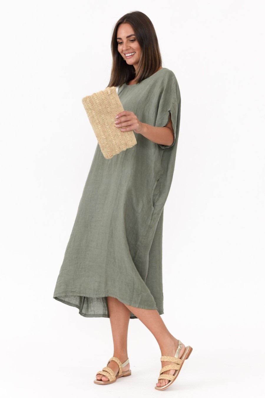 Clothing Donna Donna Linen Dresses | Leslie Khaki Linen Midi Dress