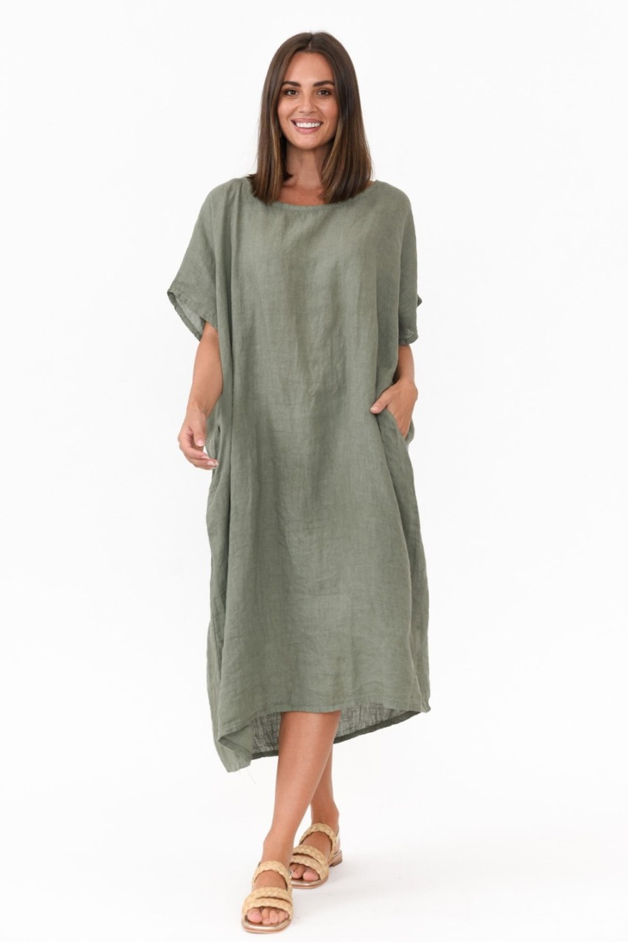 Clothing Donna Donna Linen Dresses | Leslie Khaki Linen Midi Dress