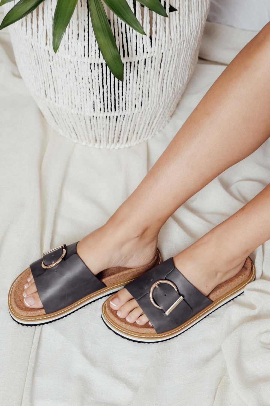 Shoes Nude Shoes Slides | Nellie Charcoal Leather Buckle Slide