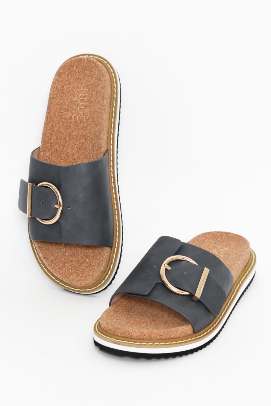 Shoes Nude Shoes Slides | Nellie Charcoal Leather Buckle Slide