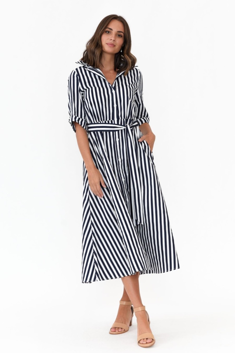 Clothing Slate the Label Cotton Dresses | Grace Navy Stripe Cotton Poplin Dress