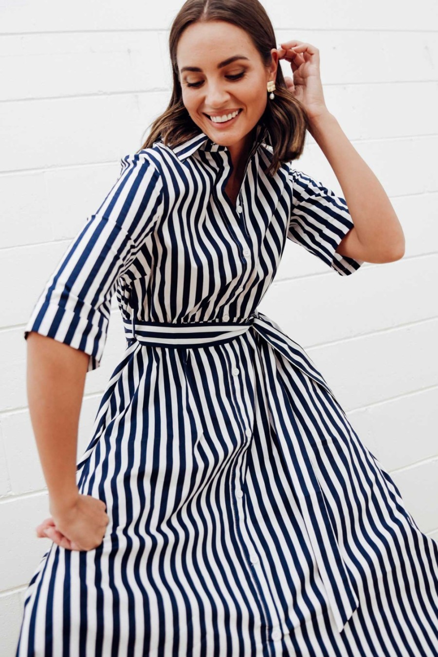 Clothing Slate the Label Cotton Dresses | Grace Navy Stripe Cotton Poplin Dress