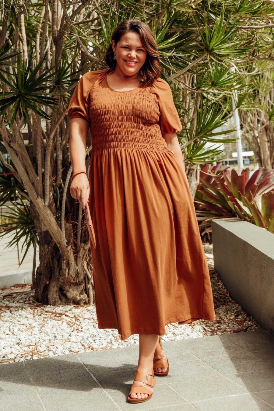 Clothing One Ten Willow Cotton Dresses | Vancouver Rust Cotton Shirred Dress