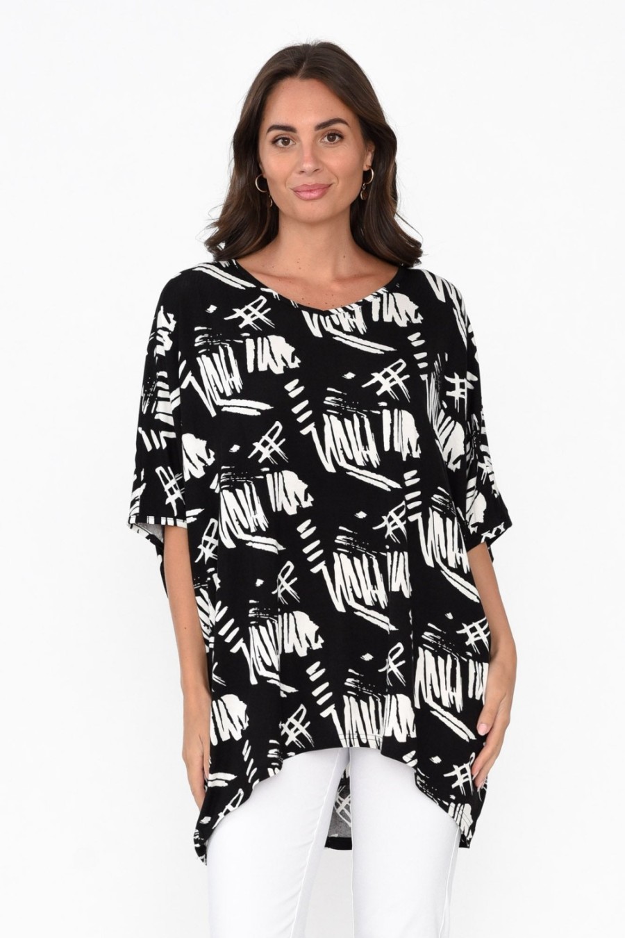 Clothing Bamboo Whispers Tunic Tops | Cherie Black Abstract Bamboo Top