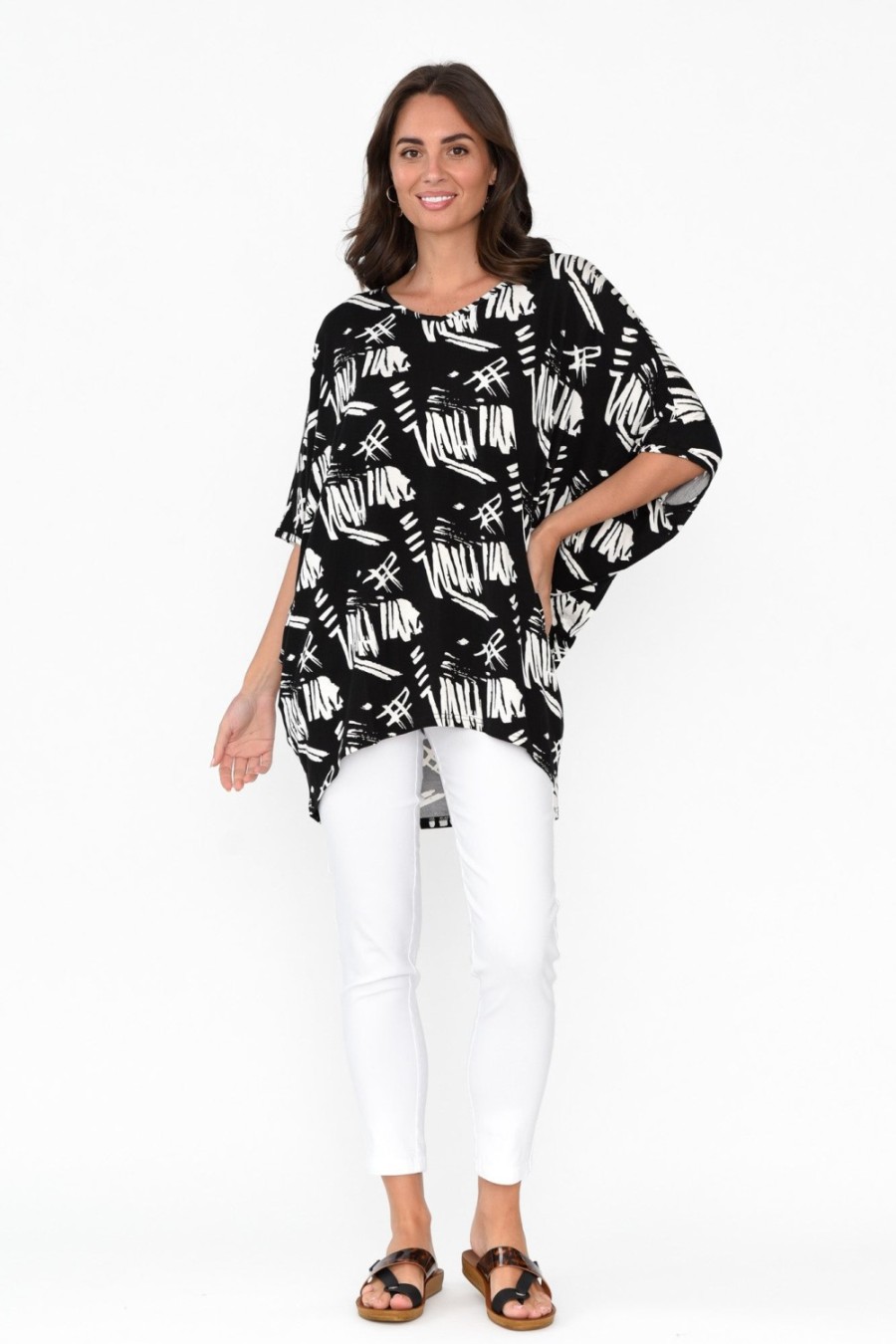 Clothing Bamboo Whispers Tunic Tops | Cherie Black Abstract Bamboo Top