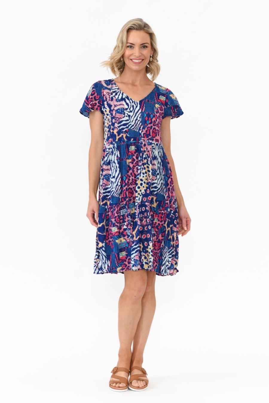 Clothing One Summer Sleeved Dresses | Azalea Navy Animal Crinkle Dress