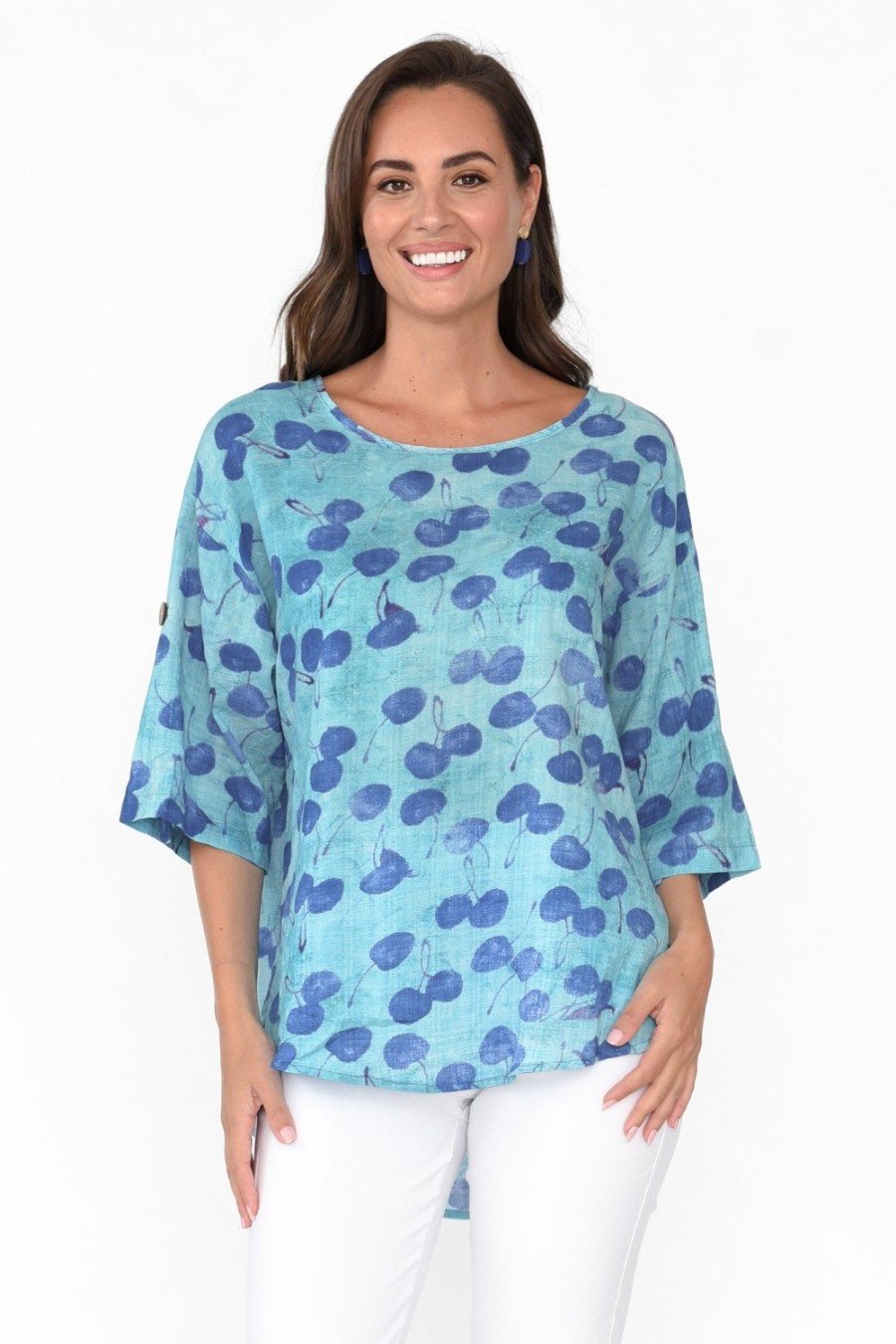 Clothing Wishstone Cotton Tops | Brie Blue Cherry Cotton Blend Top