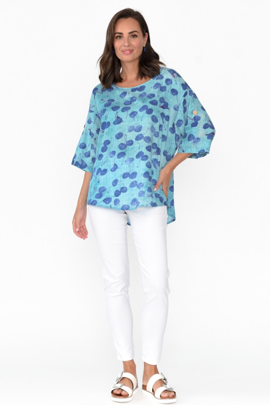 Clothing Wishstone Cotton Tops | Brie Blue Cherry Cotton Blend Top