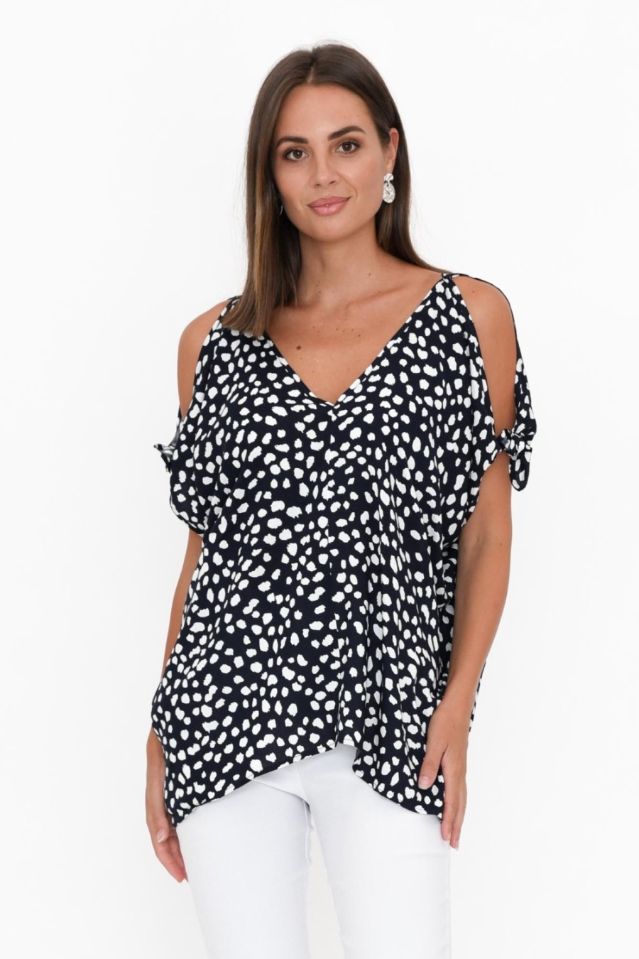 Clothing Slate the Label Sleeved Tops | Avalee Navy Spot Cold Shoulder Top