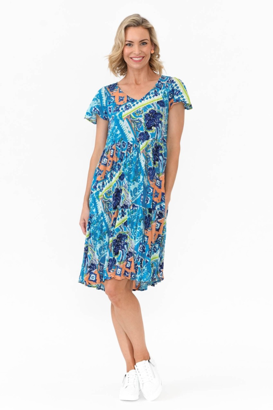 Clothing One Summer Above Knee Dresses | Azalea Blue Geometric Crinkle Dress