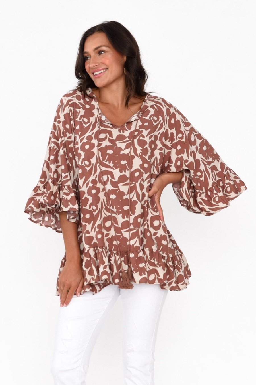 Clothing New U Collection Sleeved Tops | Chase Brown Botanical Tassel Ruffle Top