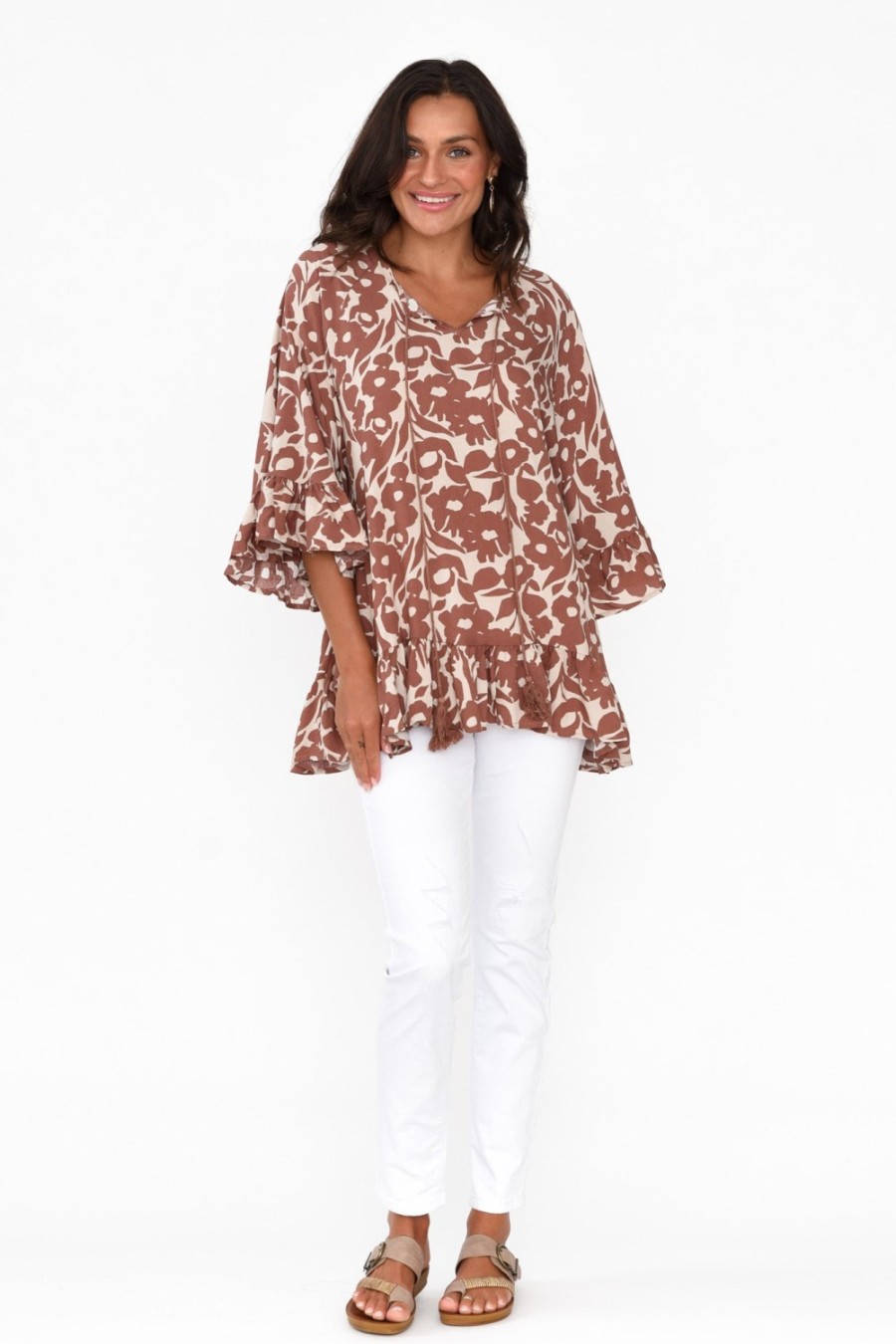 Clothing New U Collection Sleeved Tops | Chase Brown Botanical Tassel Ruffle Top