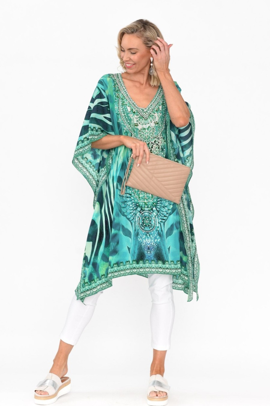 Clothing Fashion Spectrum Tunic Tops | Zulu Aqua Silk Kaftan