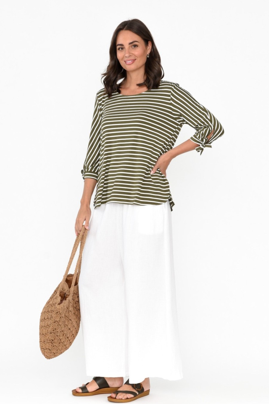 Clothing Bamboo Whispers Sleeved Tops | Tasmyn Khaki Stripe Bamboo Top