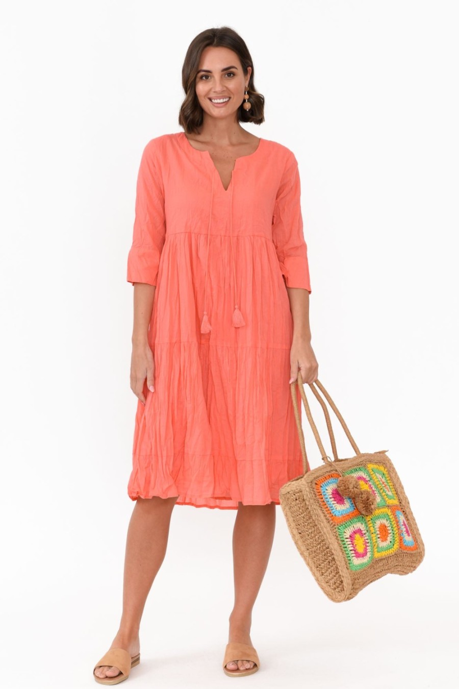 Clothing One Summer Cotton Dresses | Milana Coral Crinkle Cotton Dress