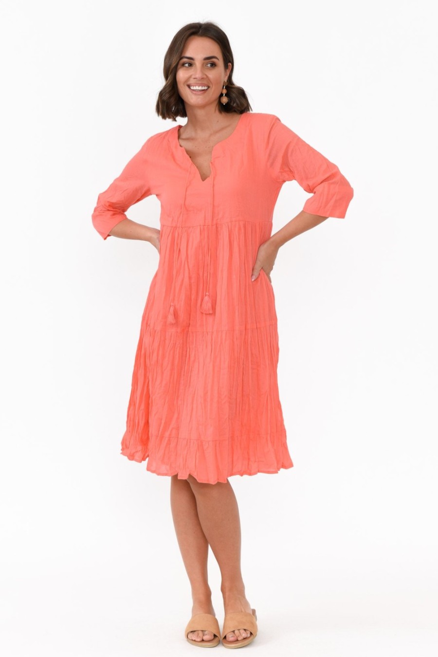 Clothing One Summer Cotton Dresses | Milana Coral Crinkle Cotton Dress