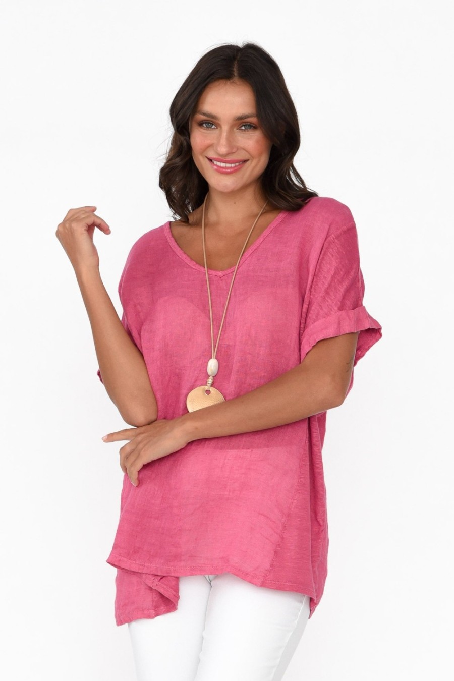 Clothing Talia Benson Linen Tops | Oversized Anna Pink Linen Tee