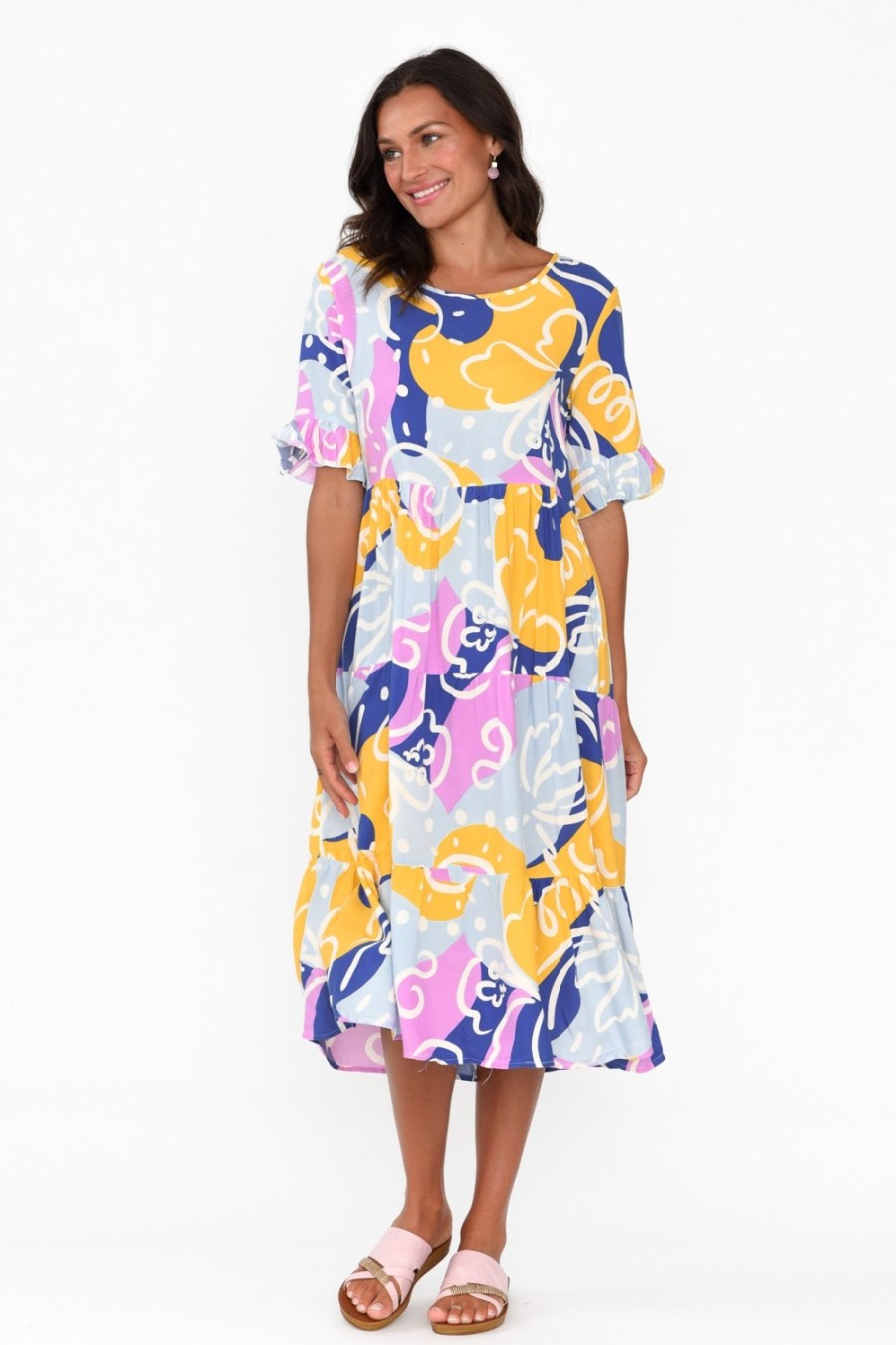 Clothing New U Collection Midi Dresses | Addison Blue Abstract Tier Dress