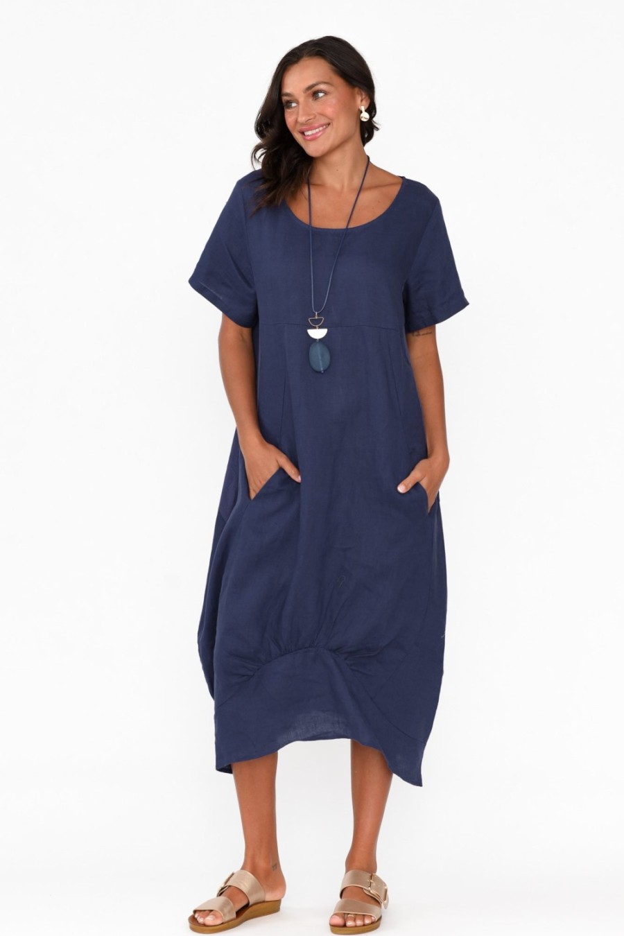 Clothing Cali and Co Below Knee Dresses | Kandace Navy Linen Pocket ...