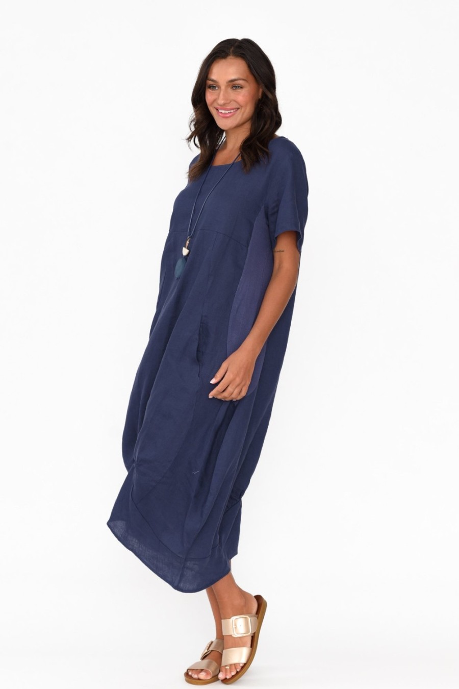 Clothing Cali and Co Below Knee Dresses | Kandace Navy Linen Pocket Dress