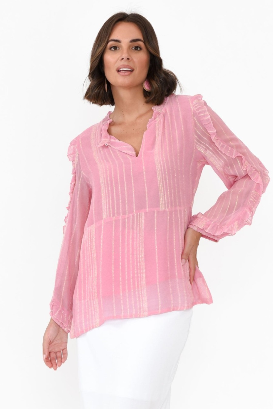 Clothing Caju Sleeved Tops | Juno Pink Ruffled Sleeve Blouse