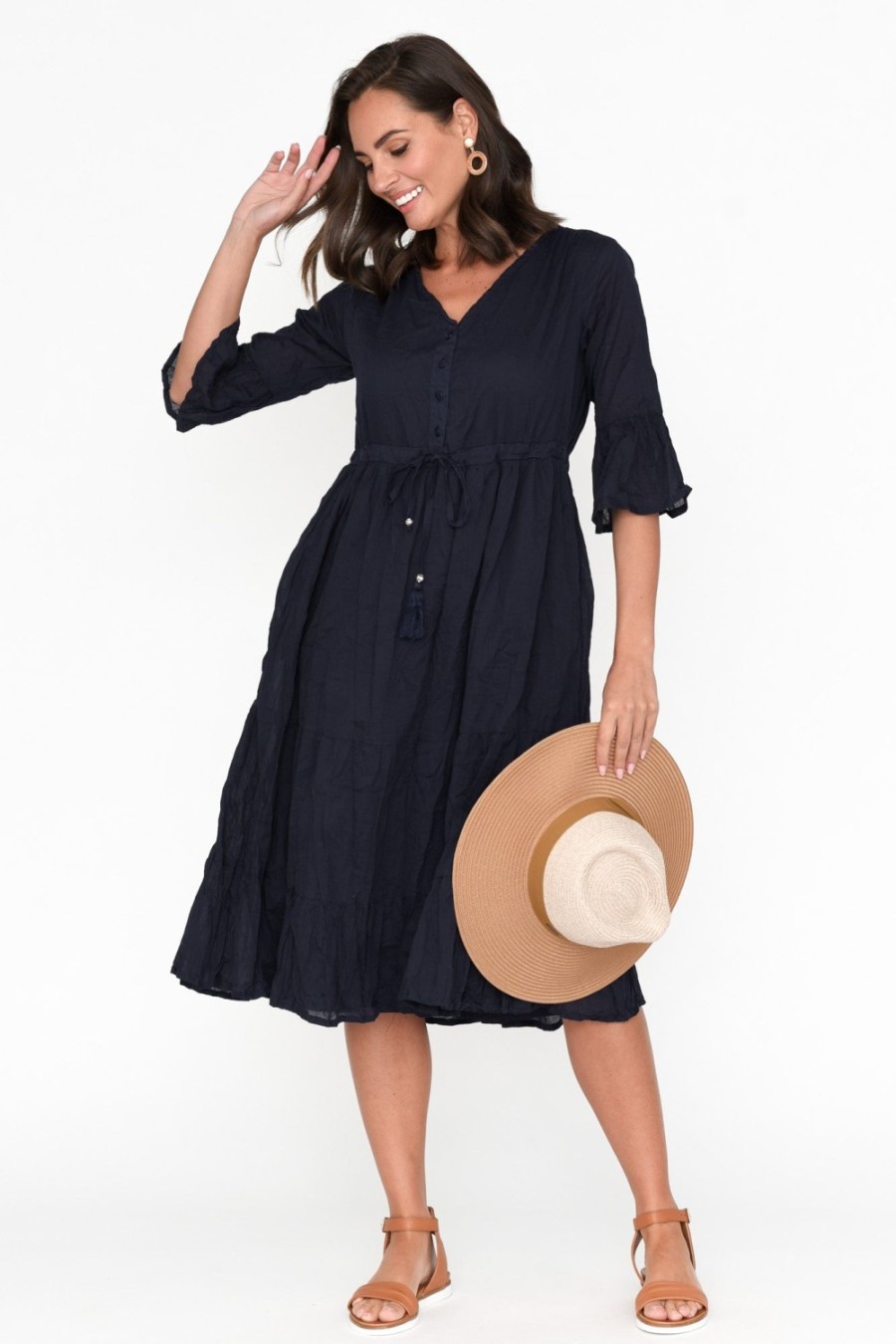 Clothing One Summer Below Knee Dresses | Kenley Navy Crinkle Cotton Dress