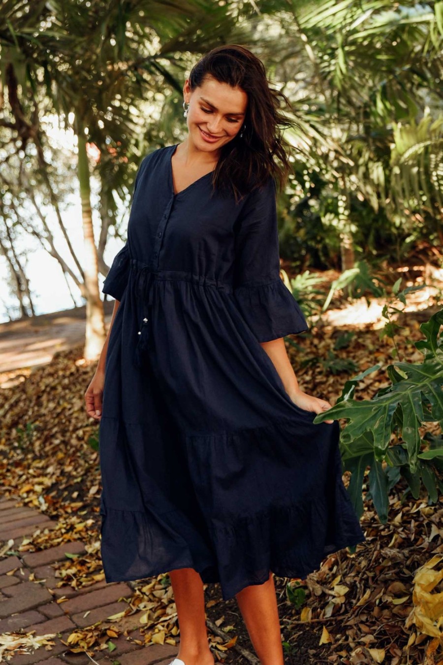 Clothing One Summer Below Knee Dresses | Kenley Navy Crinkle Cotton Dress