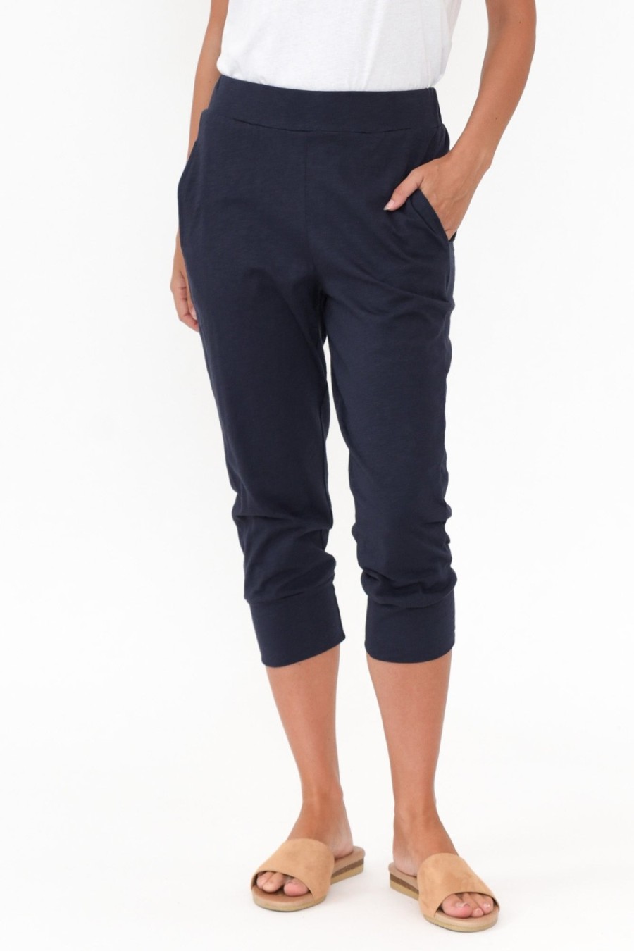 Clothing Betty Basics Pants | Alexia Navy Cotton Cropped Jogger Pant