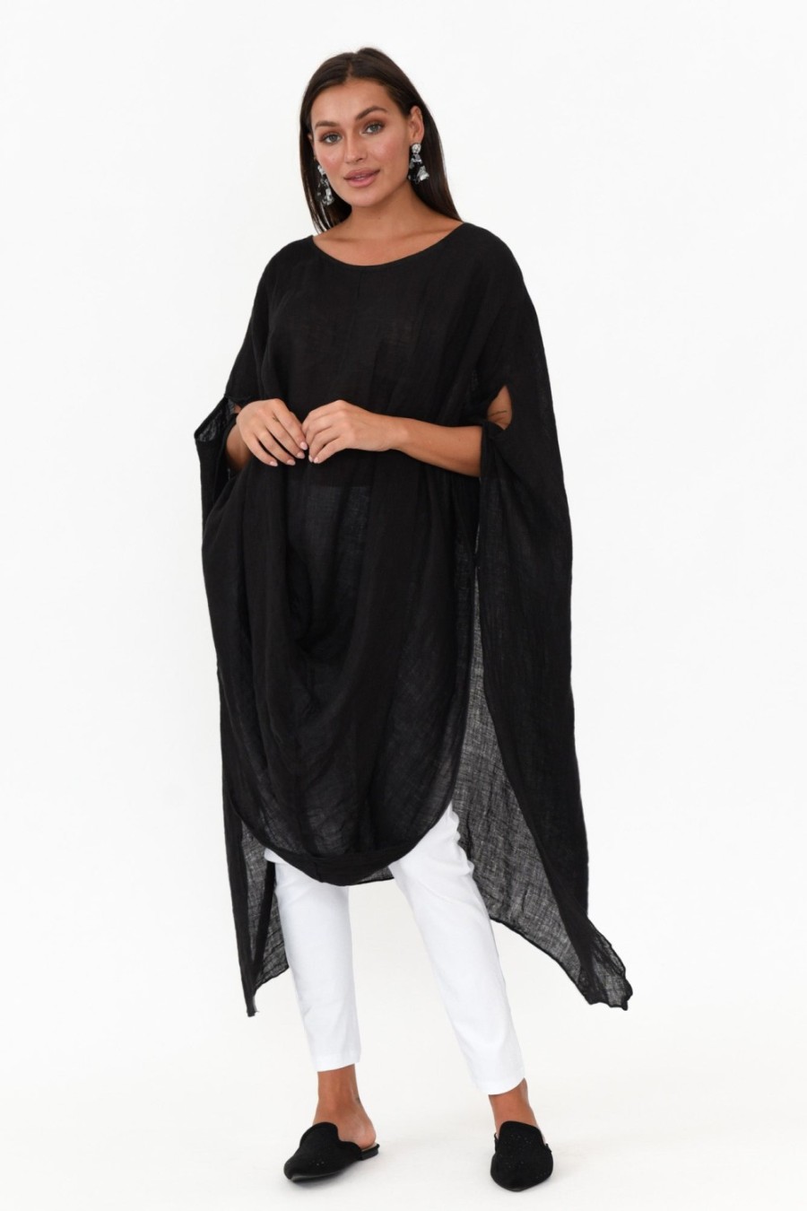 Clothing Donna Donna Linen Tops | Genesia Black Linen Kaftan Tunic