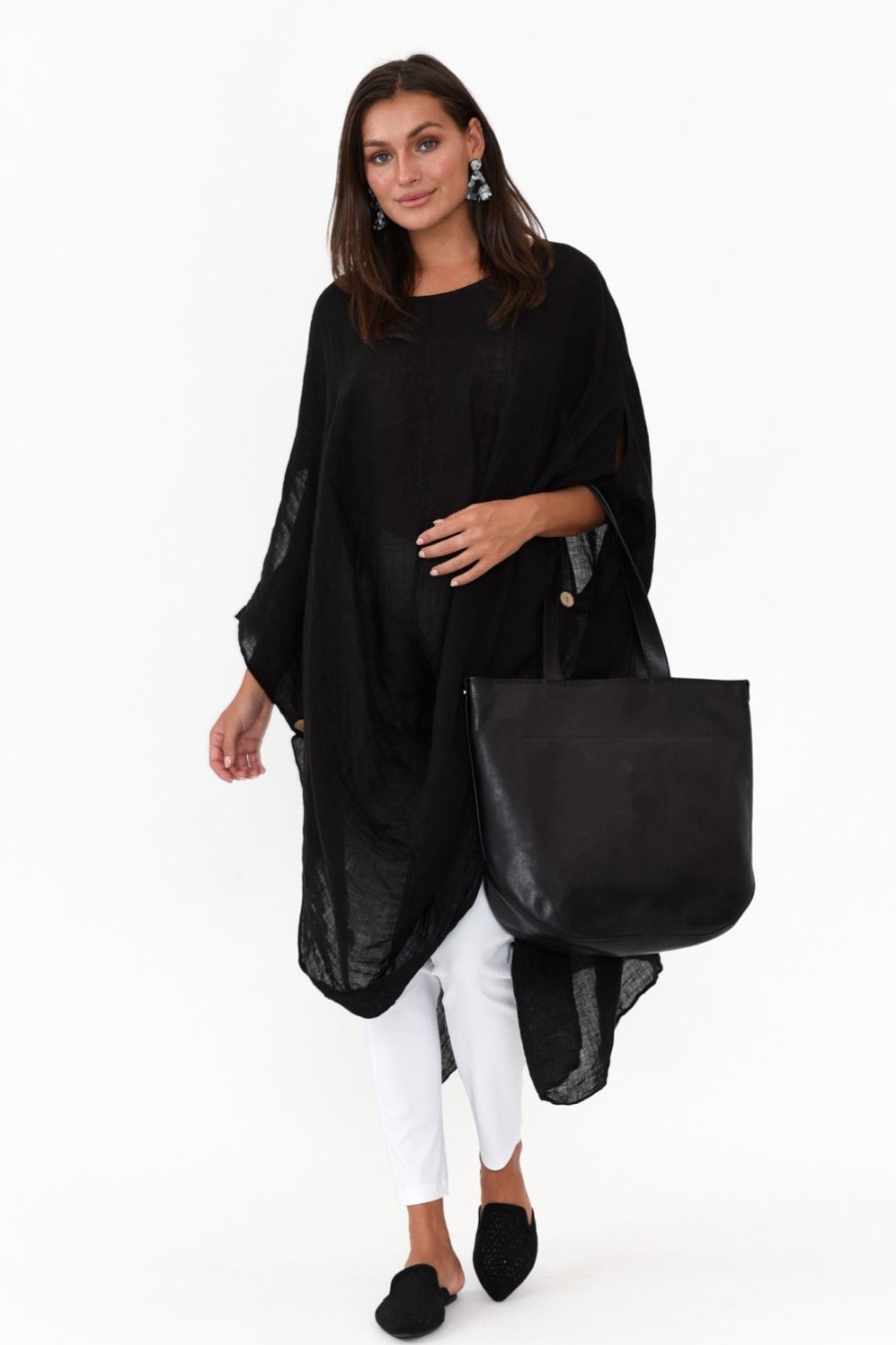 Clothing Donna Donna Linen Tops | Genesia Black Linen Kaftan Tunic