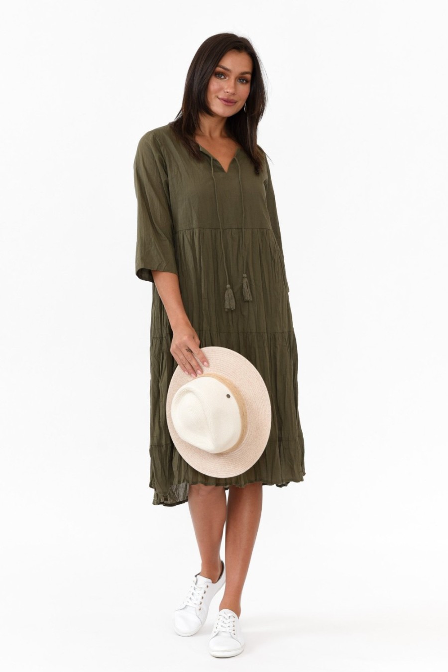 Clothing One Summer Cotton Dresses | Milana Khaki Crinkle Cotton Dress