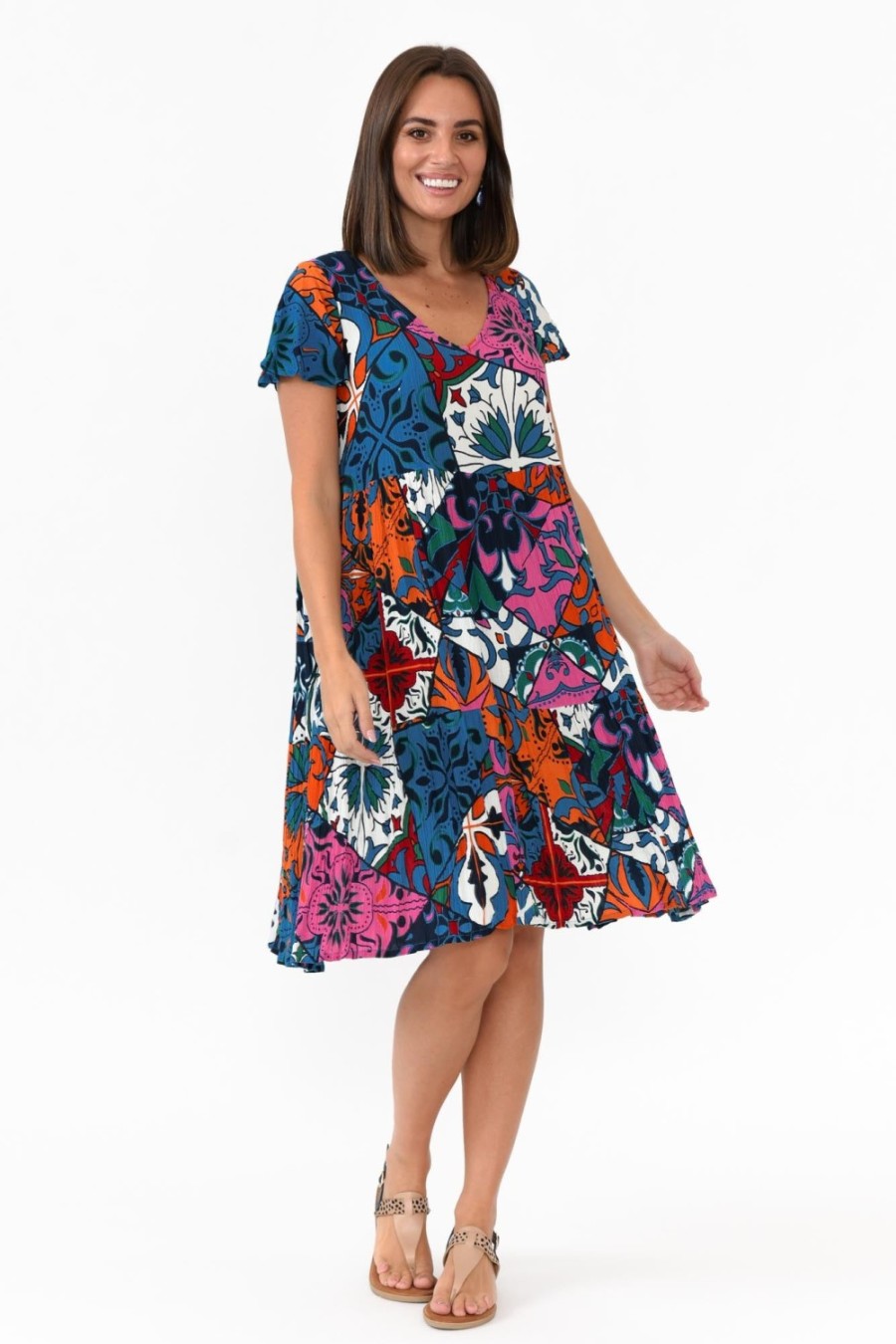 Clothing One Summer Above Knee Dresses | Azalea Blue Mosaic Crinkle Dress