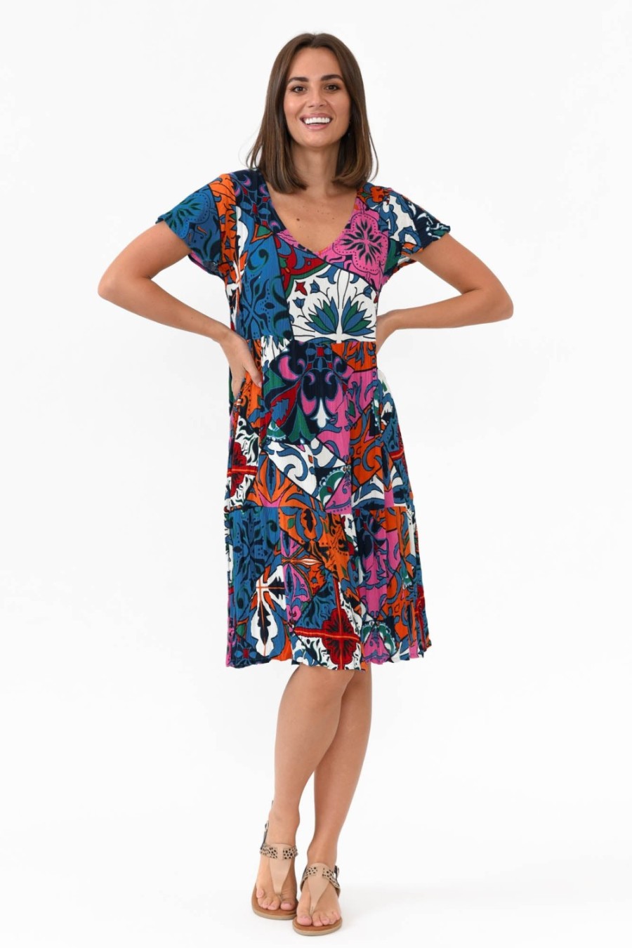 Clothing One Summer Above Knee Dresses | Azalea Blue Mosaic Crinkle Dress