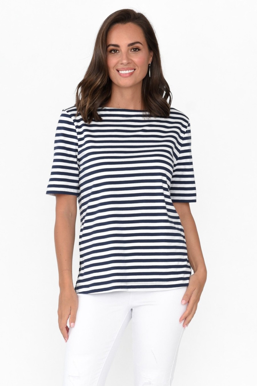 Clothing Betty Basics Cotton Tops | Rosalie Navy Stripe Cotton Tee