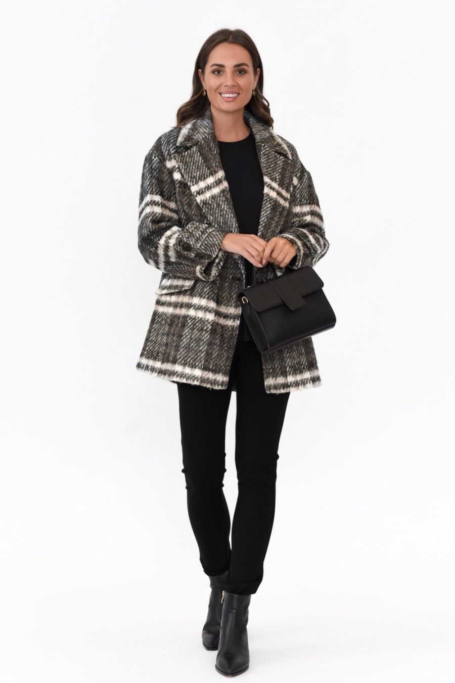 Clothing Fate Becker Coats | Songbird Charcoal Check Oversized Short Coat