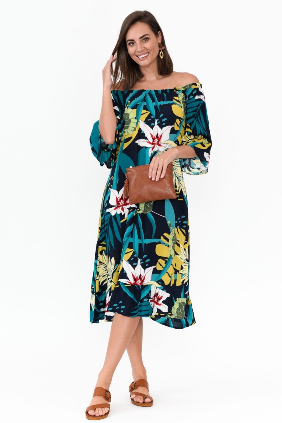 Clothing Cafe Latte Midi Dresses | Montauk Navy Tropical Ruffle Sleeve Dress