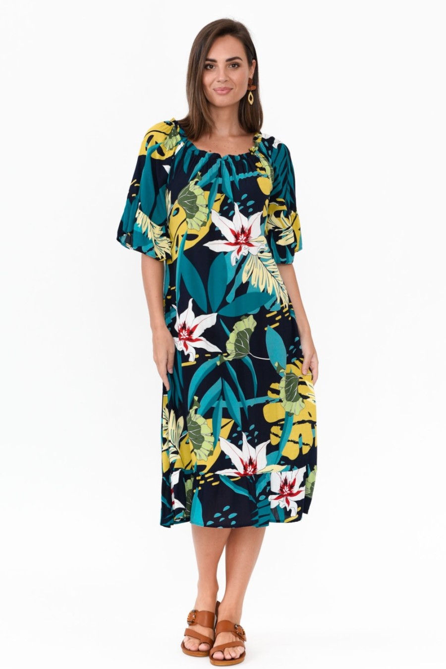 Clothing Cafe Latte Midi Dresses | Montauk Navy Tropical Ruffle Sleeve Dress