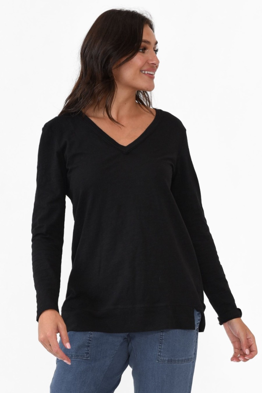 Clothing 3rd Story Cotton Tops | Leah Black Cotton Long Sleeve Tee