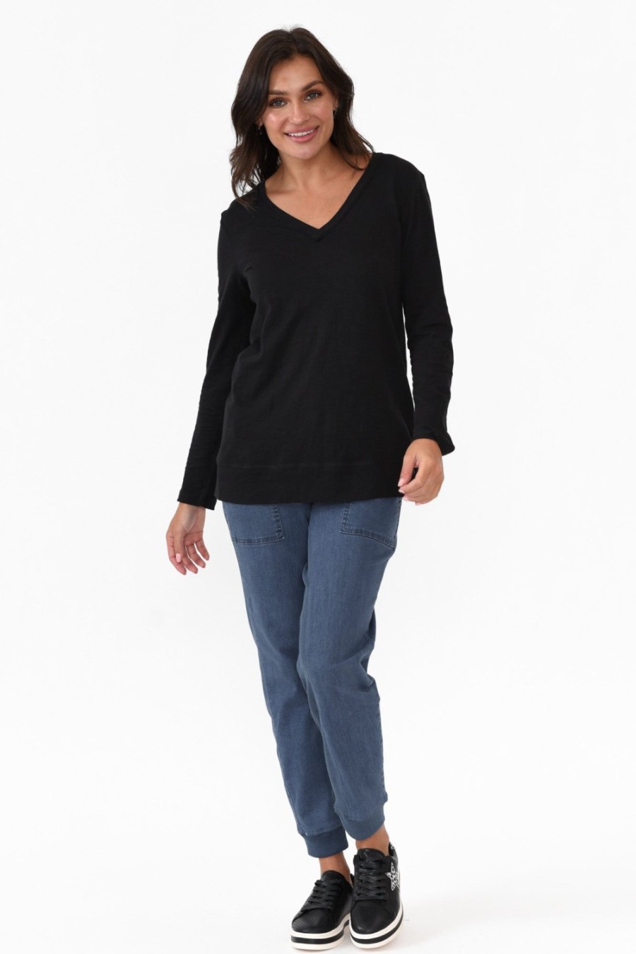 Clothing 3rd Story Cotton Tops | Leah Black Cotton Long Sleeve Tee