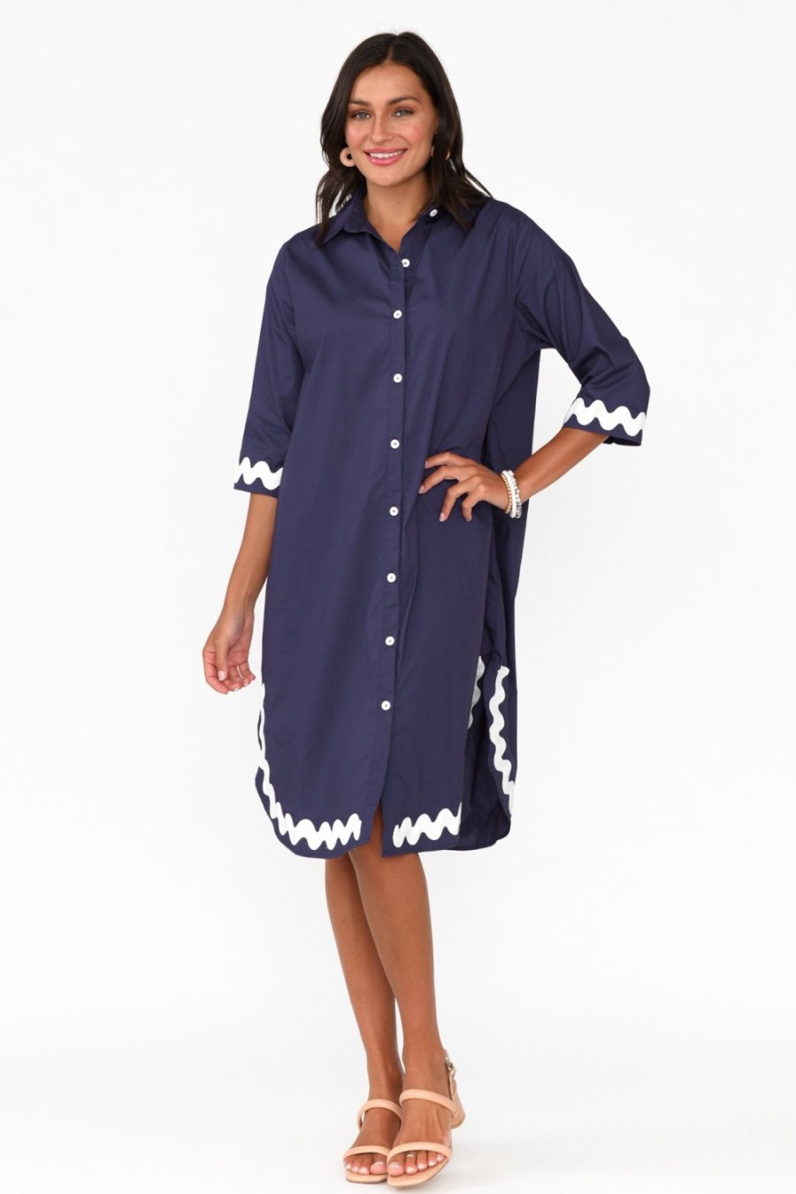 Clothing Circ The Label Cotton Dresses | Teton Navy Trim Cotton Shirt Dress