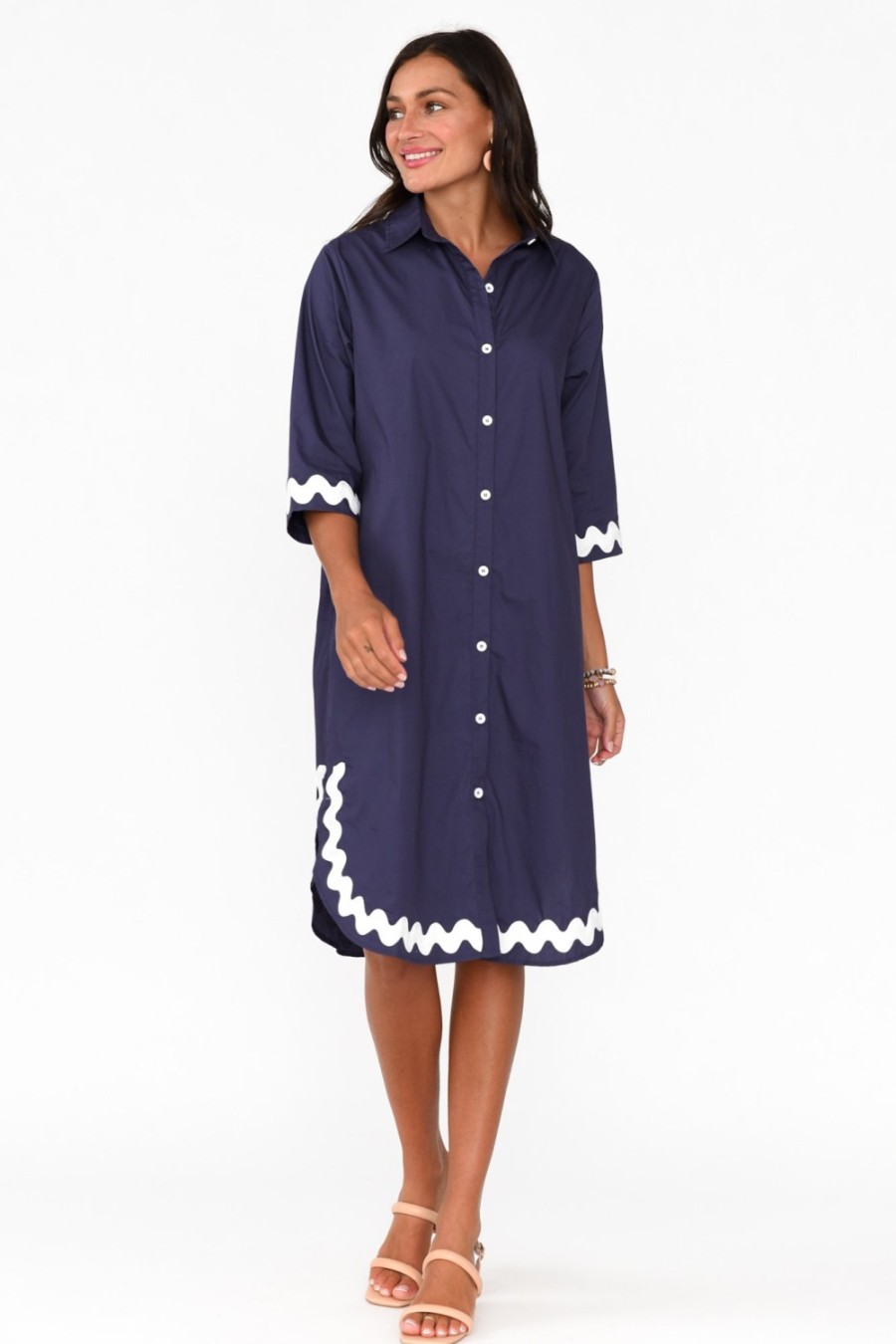 Clothing Circ The Label Cotton Dresses | Teton Navy Trim Cotton Shirt Dress