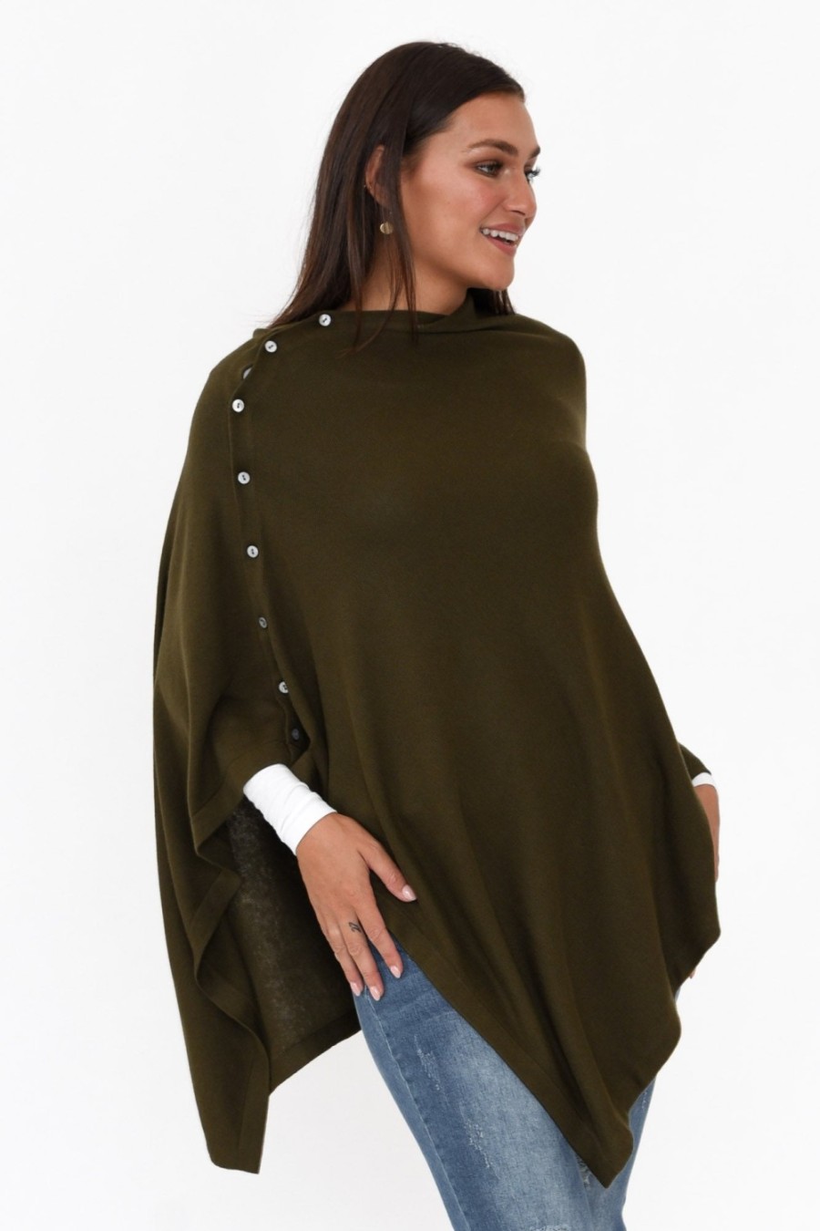 Clothing Tirelli Ponchos | Gisele Khaki Button Up Poncho