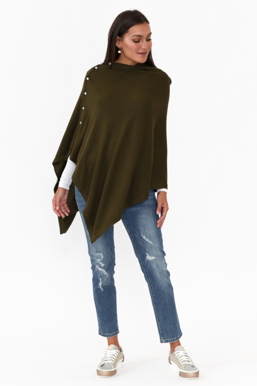 Clothing Tirelli Ponchos | Gisele Khaki Button Up Poncho