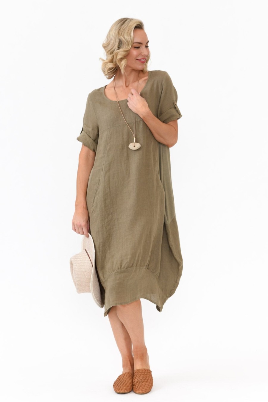 Clothing Cali and Co Linen Dresses | Oriana Khaki Sleeved Linen Dress