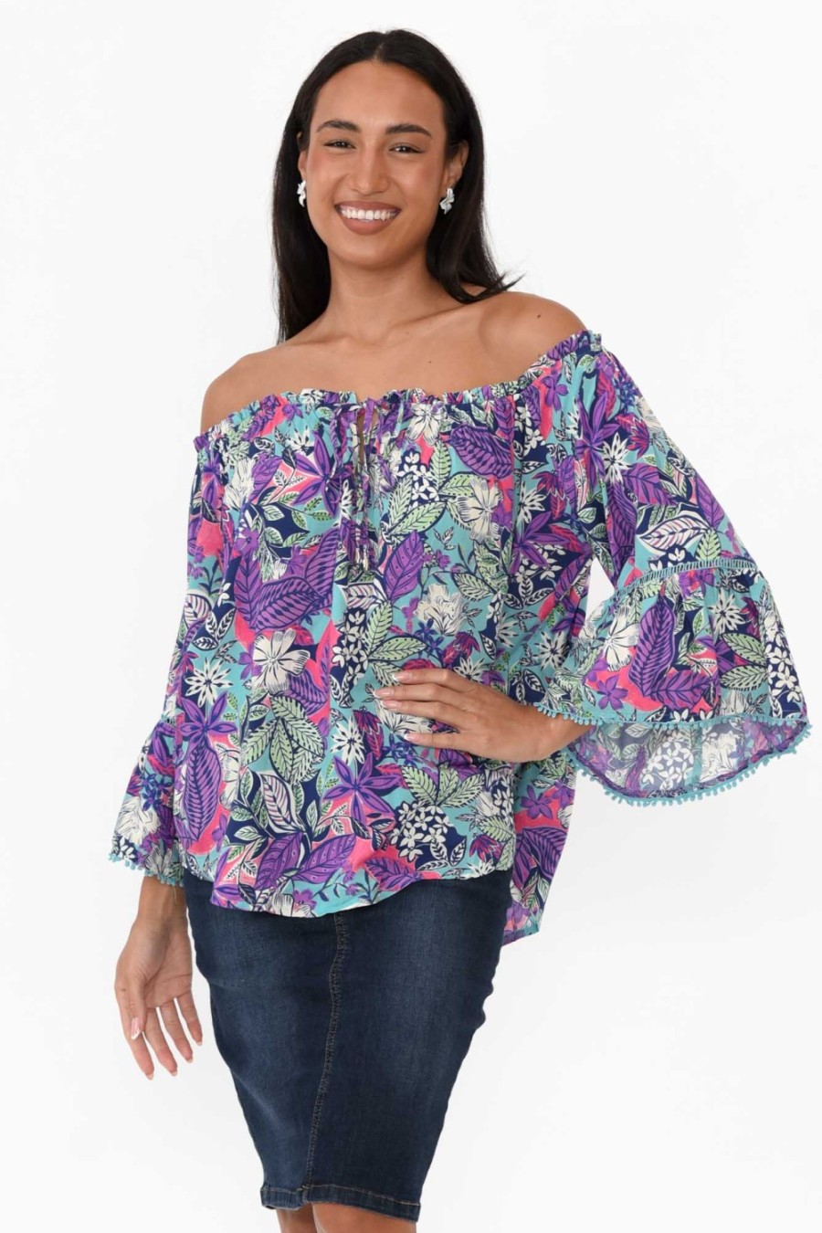 Clothing New U Collection Sleeved Tops | Budapest Purple Tropical Off Shoulder Top