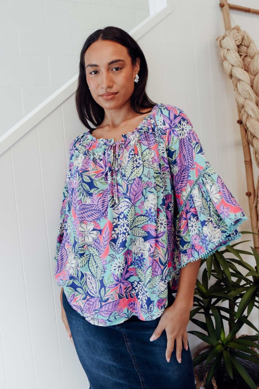 Clothing New U Collection Sleeved Tops | Budapest Purple Tropical Off Shoulder Top